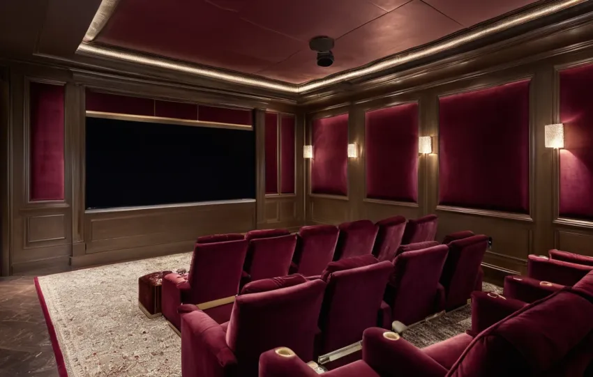 Private classic home cinema with burgundy velvet walls, upholstered seating rows and warm step lighting