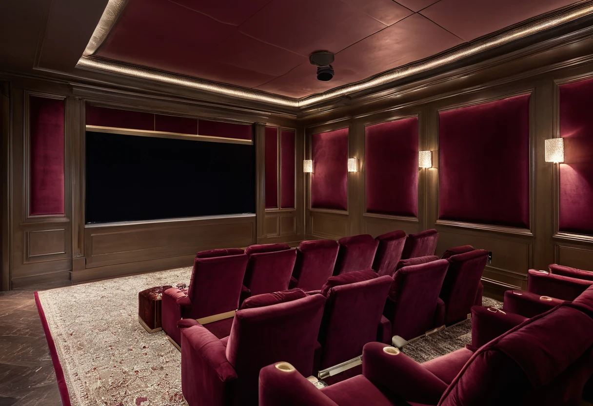 Private classic home cinema with burgundy velvet walls, upholstered seating rows and warm step lighting