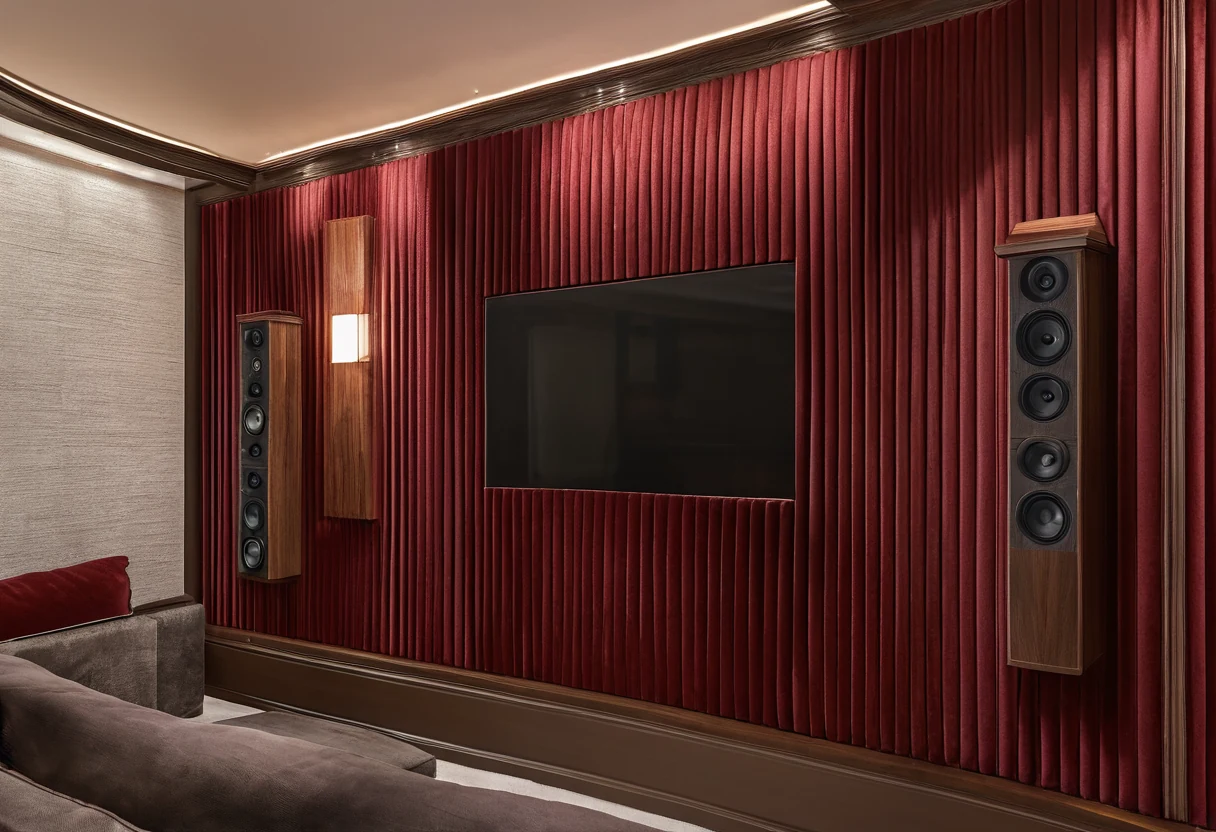 Cinema wall detail with velvet-wrapped acoustic panels framed in walnut beside a carved wood diffuser section