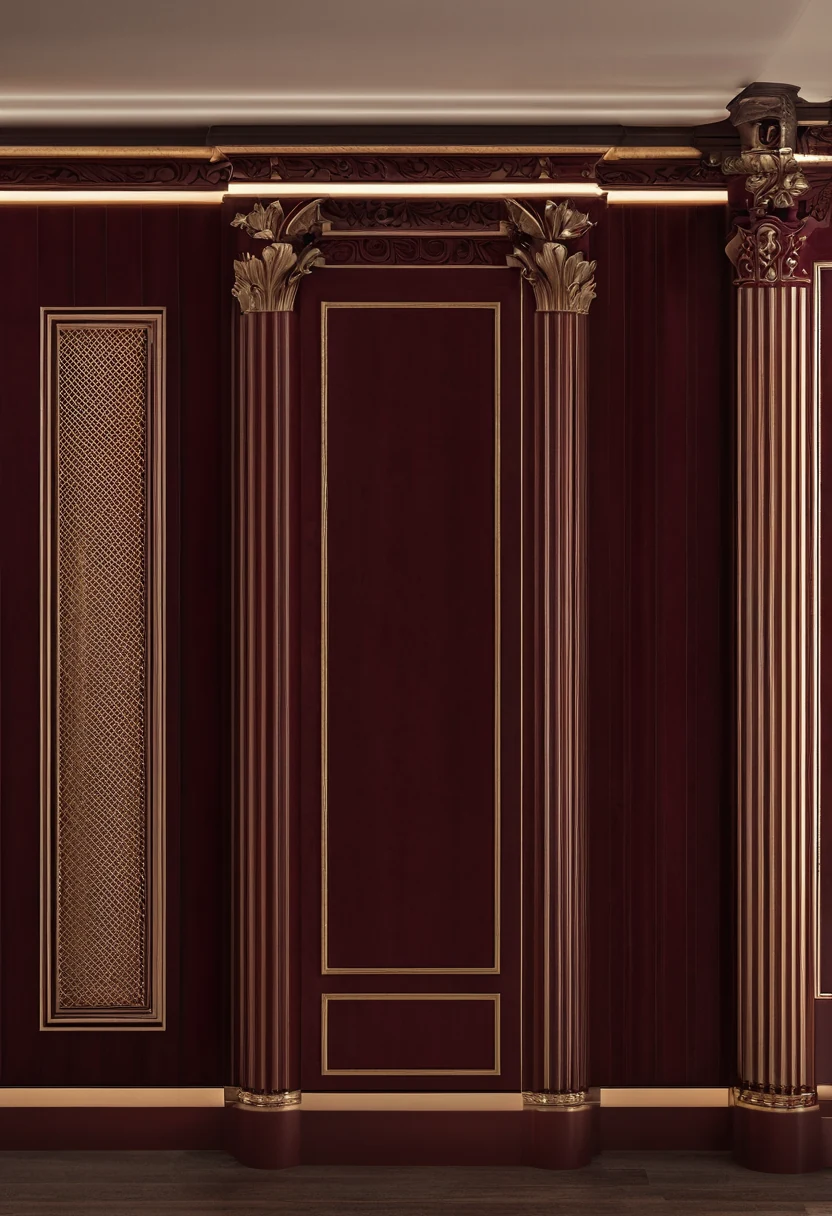 Classical column casework in a cinema corner concealing a bass trap, with perforated fretwork panel detail