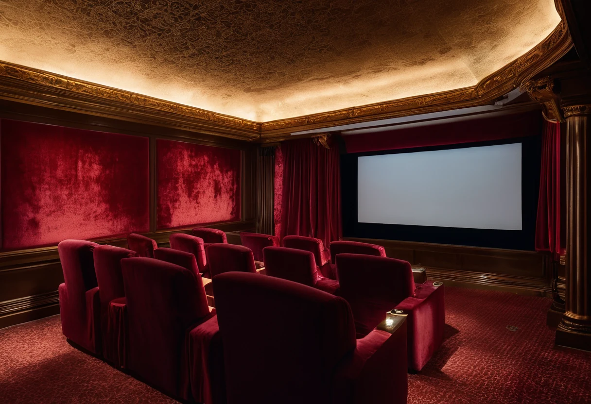 Projector beam crossing a dark classic cinema above velvet seats, screen glow on carved wood and fabric panels